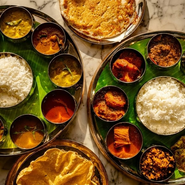 Two large thali platters with various Indian dishes, rice, and bread on a marble table.
