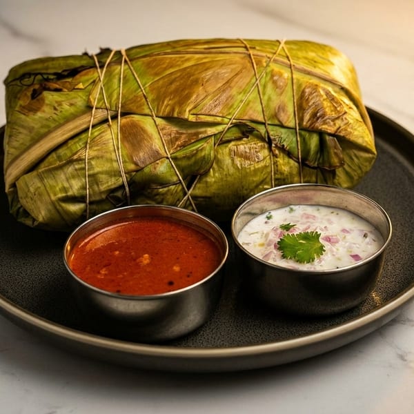 Banana leaf-wrapped dish with two small bowls of red sauce and raita on a dark plate.