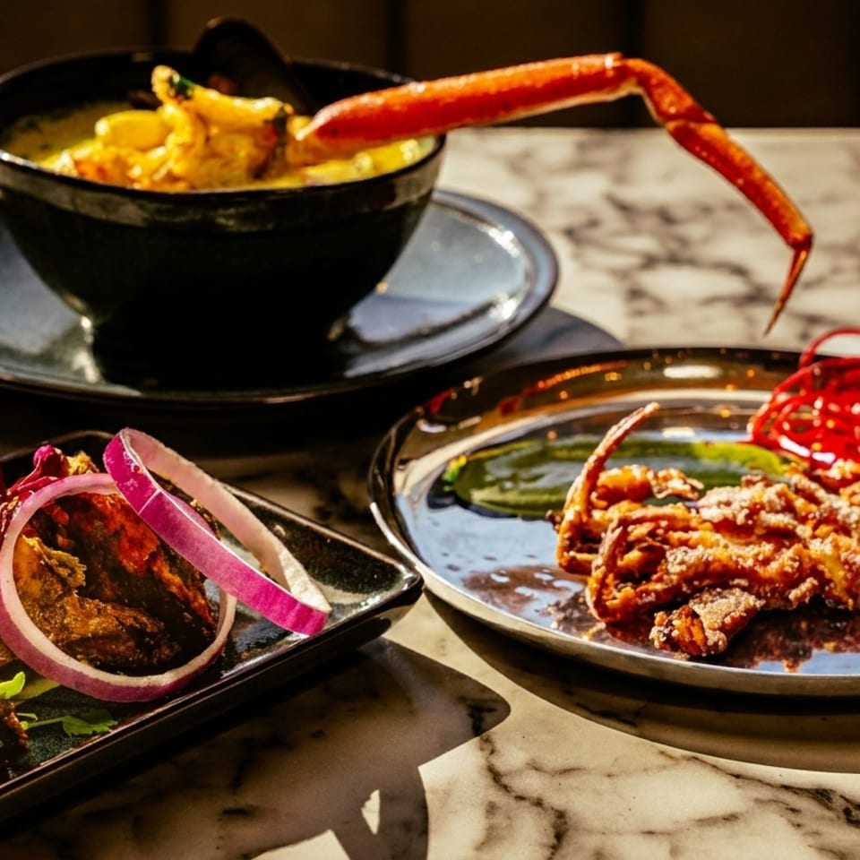 Three plates of seafood dishes, including crab curry, fried soft-shell crab, and grilled prawns.
